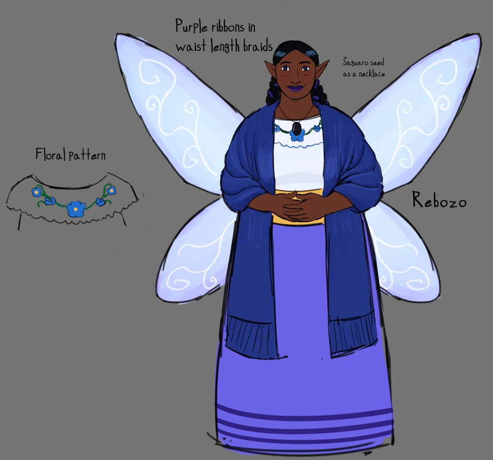Reference sheet for my OC Jacinta, a femme Yoeme fairy with dark skin and long braided hair with purple ribbons. She wears a blouse, a blue rebozo, a yellow waist band, and a purple ribbon skirt