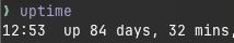 Screenshot of uptime command line interface. It shows that the Macbook Pro is up since 84 days and 32 minutes (at 12:53 on April 2nd, 2025)