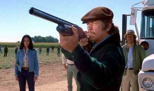Charles Bronson as Mr. Majestyk as he aims a pump action shotgun at someone off camera.