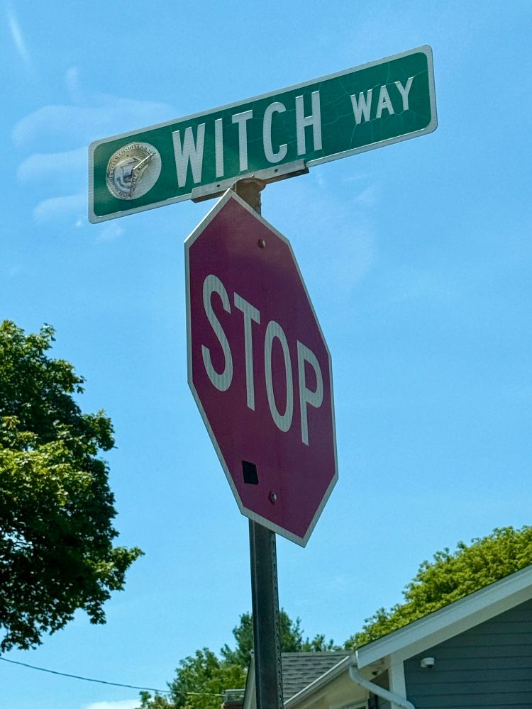 A photo of a stop sign and street sign reading Witch Way.