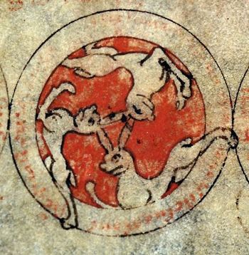 From an ancient illuminated manuscript, three rabbits in a circle with a red background. 