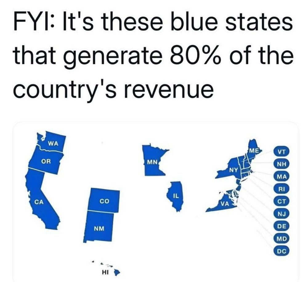 The 10 states which provide actual tax revenue to the government are all BLUE. 