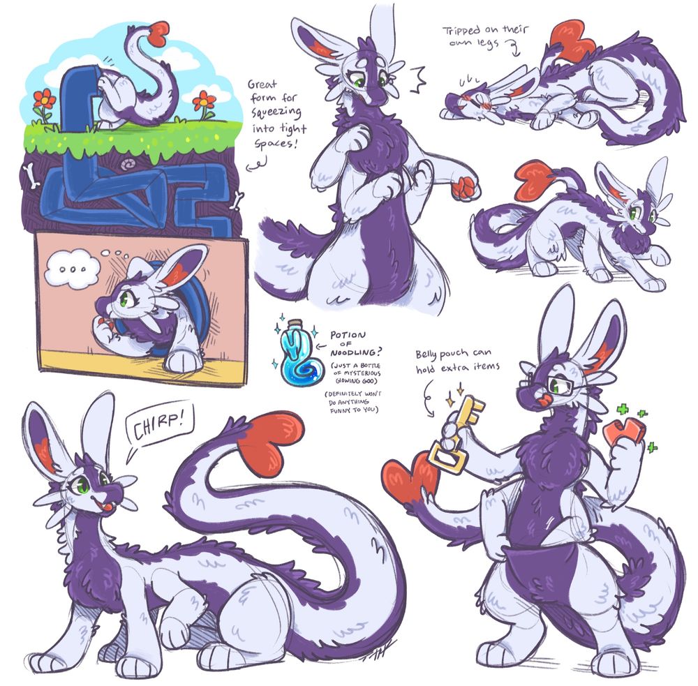 a dragon-turned into an amphimorpho looking at their lower set of hand paws in confusion, squeezing through a pipe, having tripped over their own legs, a little shy, pulling things out of their belly pouch, and chirping. in the middle, a potion bottle, captioned "potion of noodling - just a bottle of mysterious glowing goo - definitely won't do anything funny to you"