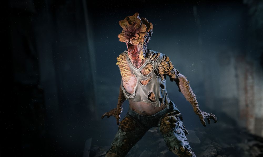 A clicker from The Last of Us screaming towards the camera, with arms at it's side.
