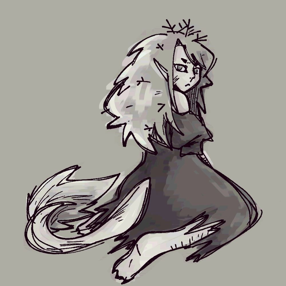 Digital art of witch sitting her back turned towards the viewer, and her head craving back to look at us with an unhappy expression 