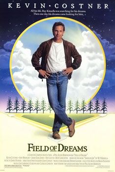 promotional poster for the film Field of Dreams starring kevin coster. he's standing in the center with a baseball diamond and a row of corn behind him, surrounded by a moon and clouds.