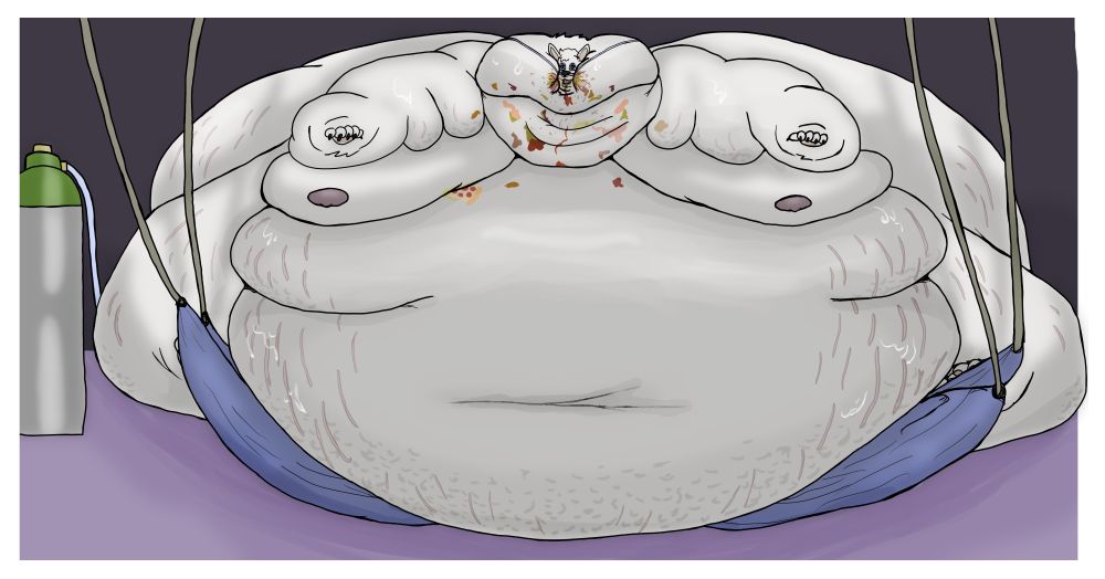 A blobby Arri the yakutian laika dog sits, immobilized by his own fat, next to an oxygen tank. A sling is prepped to lift up his belly. This is the version with cellulite, sweat, and stretch marks, as well as some slob.