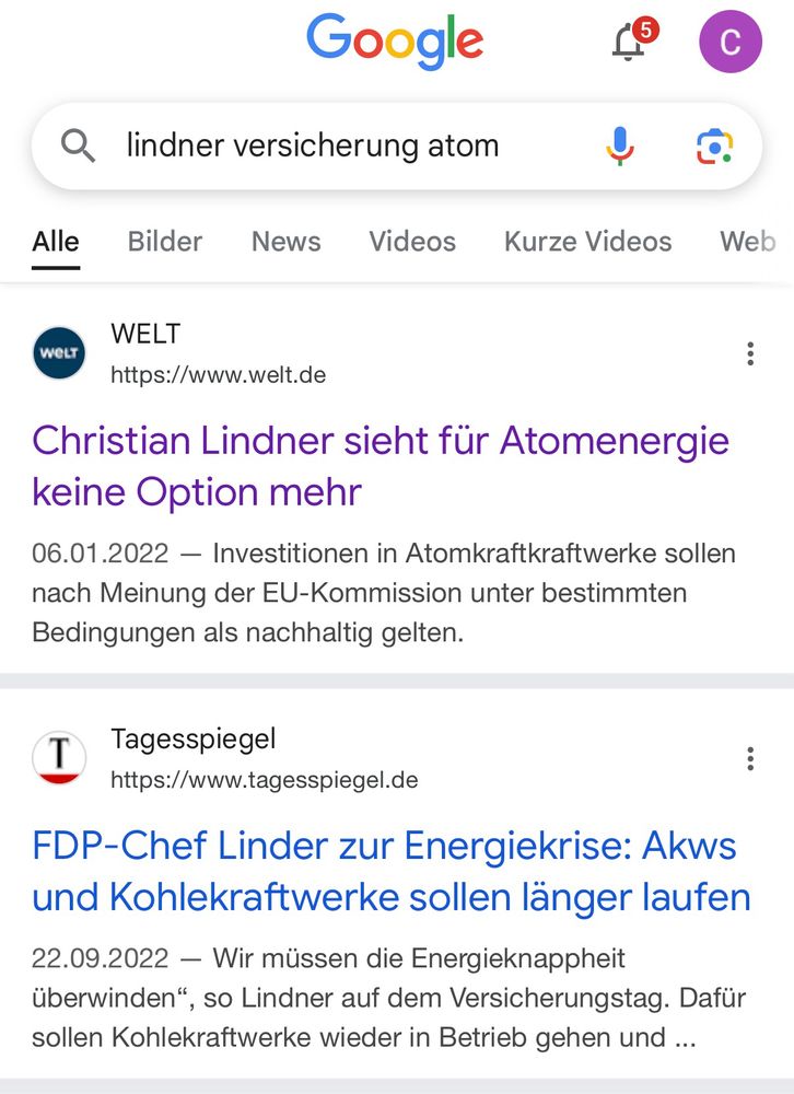 Die ersten beiden Schlagzeilen aus einer Google-Suche: im Januar 2022 sieht Lindner für Atomenergie keine Option mehr, im September 2022 will er AKWs länger laufen lassen.