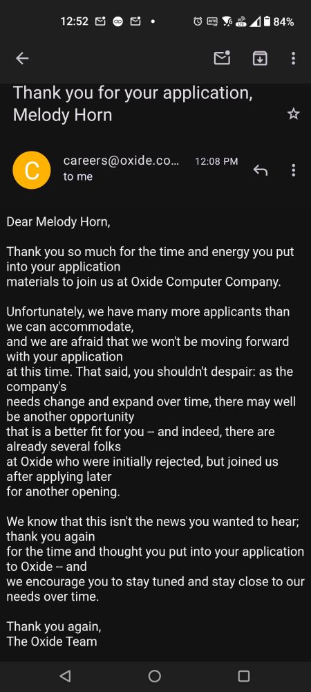 rejection email from Oxide Computer Company