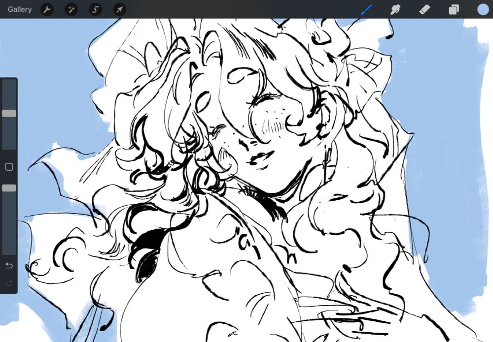 black and white drawing with a blue background. my oc lumen wearing a dress and veil smiling with her eyes closed