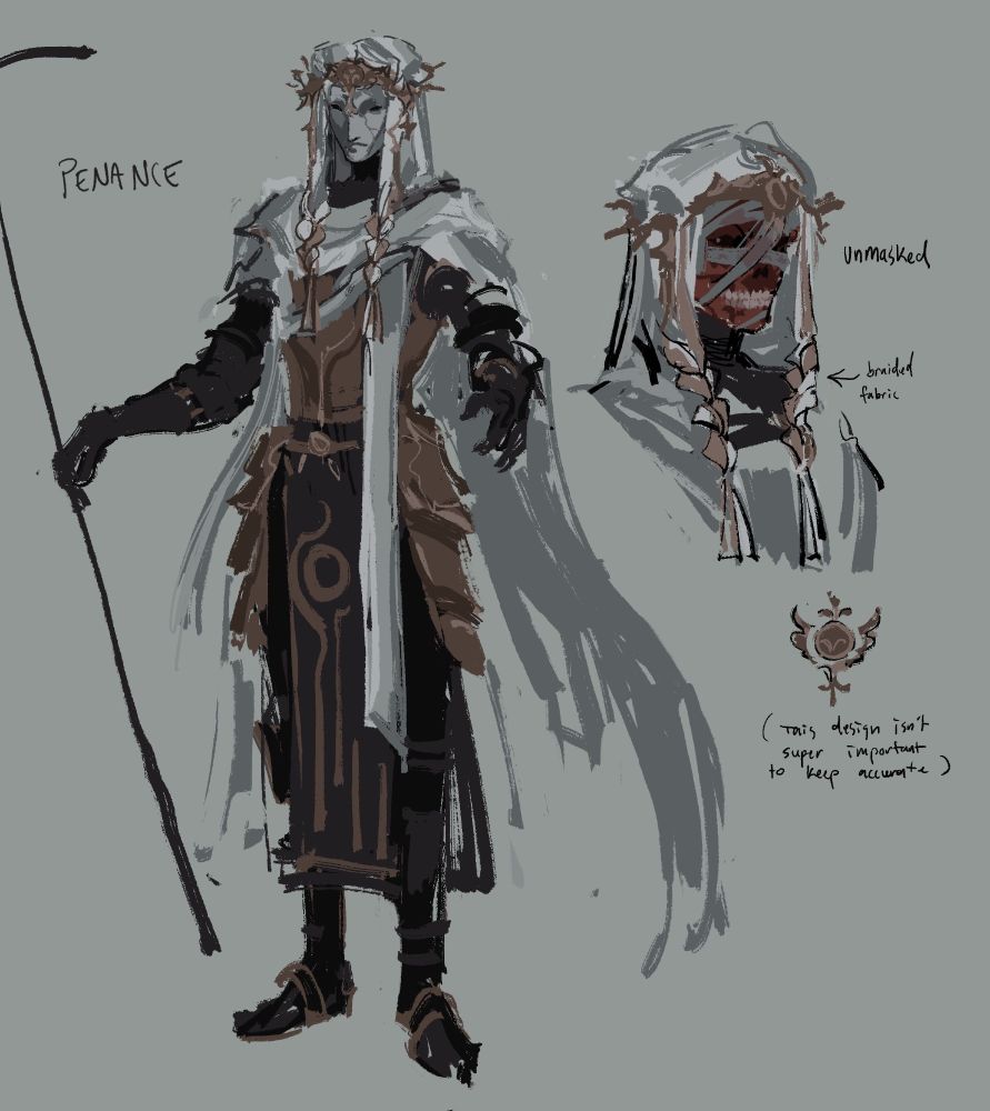 digital drawing of my oc, penance. she is a priest wearing a mask, and her outfit is gold, black, and white. on the side it shows her with her mask off, and her face is pretty much rotted away