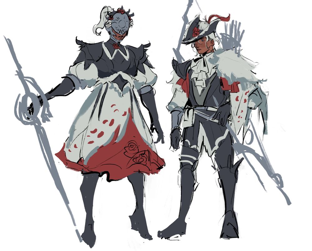 executor and ironeye from elden ring nightreign wearing the fem and masc lala barina armour from monster hunter wilds respectively