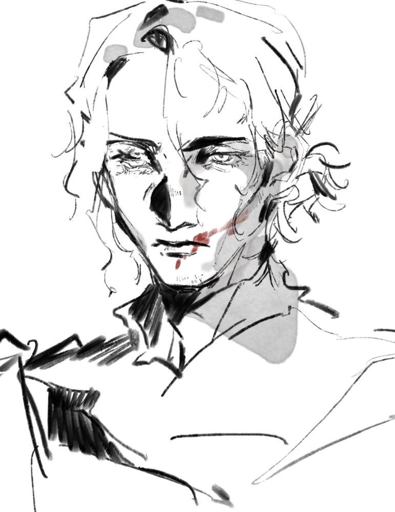 digital sketch of ironeye from elden ring nightreign. his hood and mask are off and he has a smear of blood across his cheek