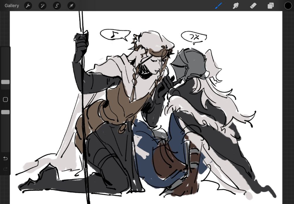 digital drawing of my ocs, penance and the condemned. the condemned is sitting on the ground and penance is kneeling over him and she has a finger under his chin. this drawing isn't intended to be romantic, penance just acts Like That