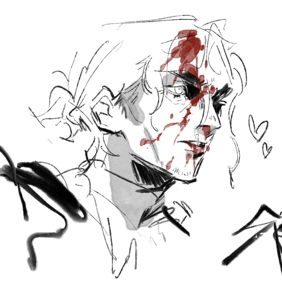 digital sketch of ironeye. similar to the last image he has his hood and mask off, blood is splattered across his face as he bleeds from his forehead