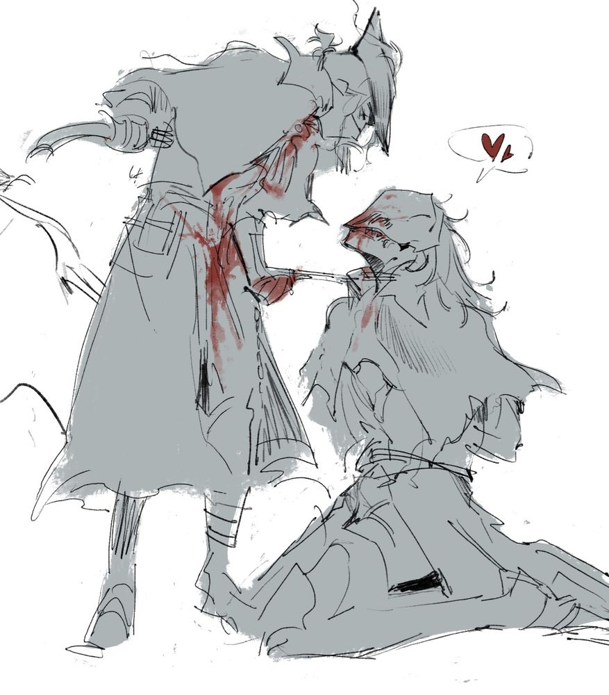 digital sketch of executor and ironeye
Bloodborne au. executor is kneeling.
ironeye stands over him while
clutching a chain that extends out from
executor's neck. ironeye is holding
his dagger as he looks down on him.
ironeye's front is covered in blood while executor only has blood on his mouth.
despite his circumstances executor
seems quite infatuated