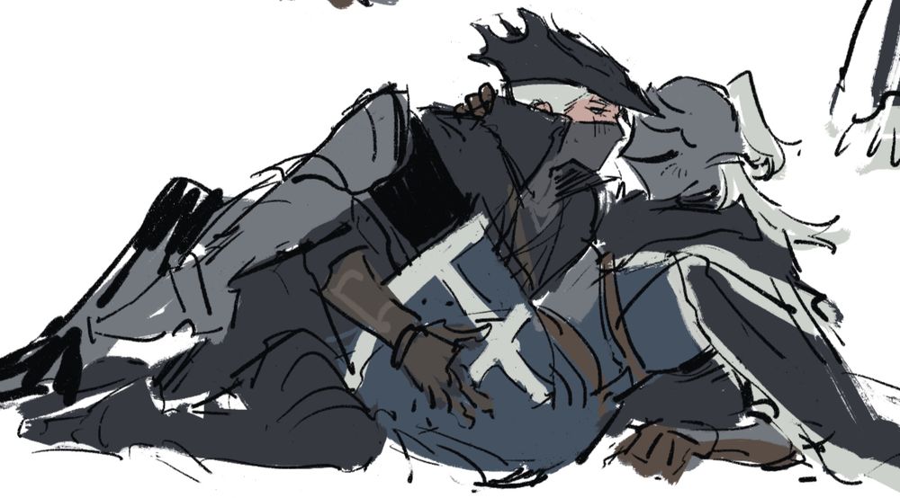 digital drawing of my oc condemned and bloodborne hunter on the ground together, hunter landed on top of her and this kind of ended up looking a little more intimate than intended