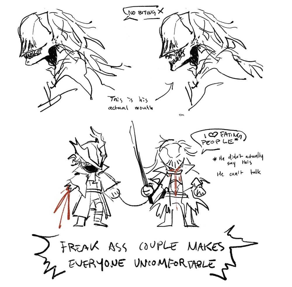 digital doodles of bloodborne au exeiro. drawing showing executor side profile, one of them shows his fucked up mouth opening. instead of a man who is fused with armour, in this au he is a mechanical doll with the flesh of two people inside. 
there are also chibis of ironeye and executor. ironeye is missing an arm (this is comical) and he is holding a leash attached to executor's collar. executor has a speech bubble saying "i heart eating people*" with a note that says "he didn't actually say this; he can't talk"
underneath them is a caption that says "freak ass couple makes everyone uncomfortable"