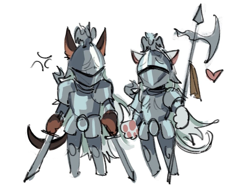 Digital drawing of banished knight oleg and banished knight engvall chibis but they have dog and cat kemonomimi features respectively  