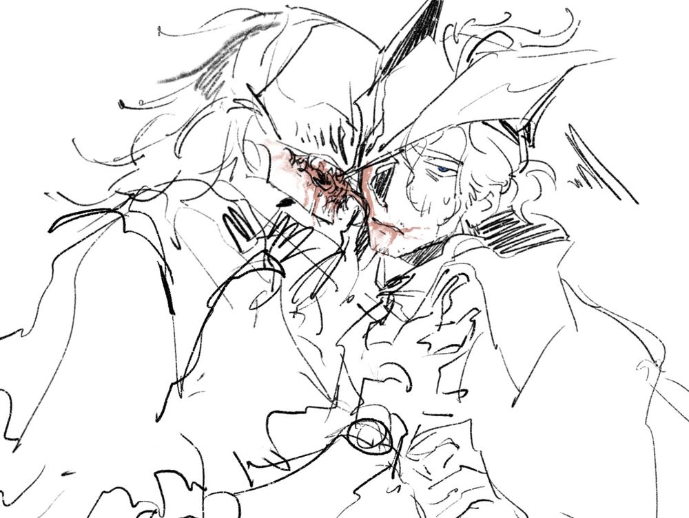 digital doodle of bloodborne au ironeye and executor. blood covers both of their mouths, executor is licking the side of ironeye's face 