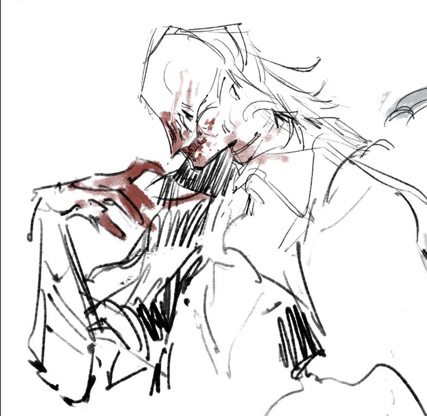 digital sketch of executor with blood on his face and hands. CLEARLY he has been enjoying a snack