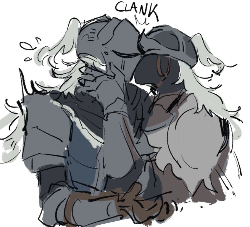 digital drawing of tarnished from elden ring and my oc condemned clanking their helmets together