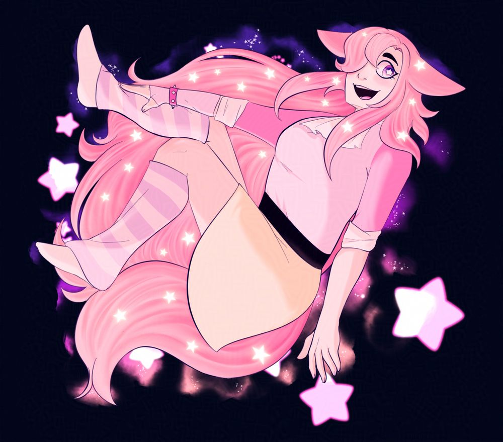 A floating fox-like character with stars in their hair and around them as they are floating. Their name is Iris and they belong to Clown_creations on Artfight.