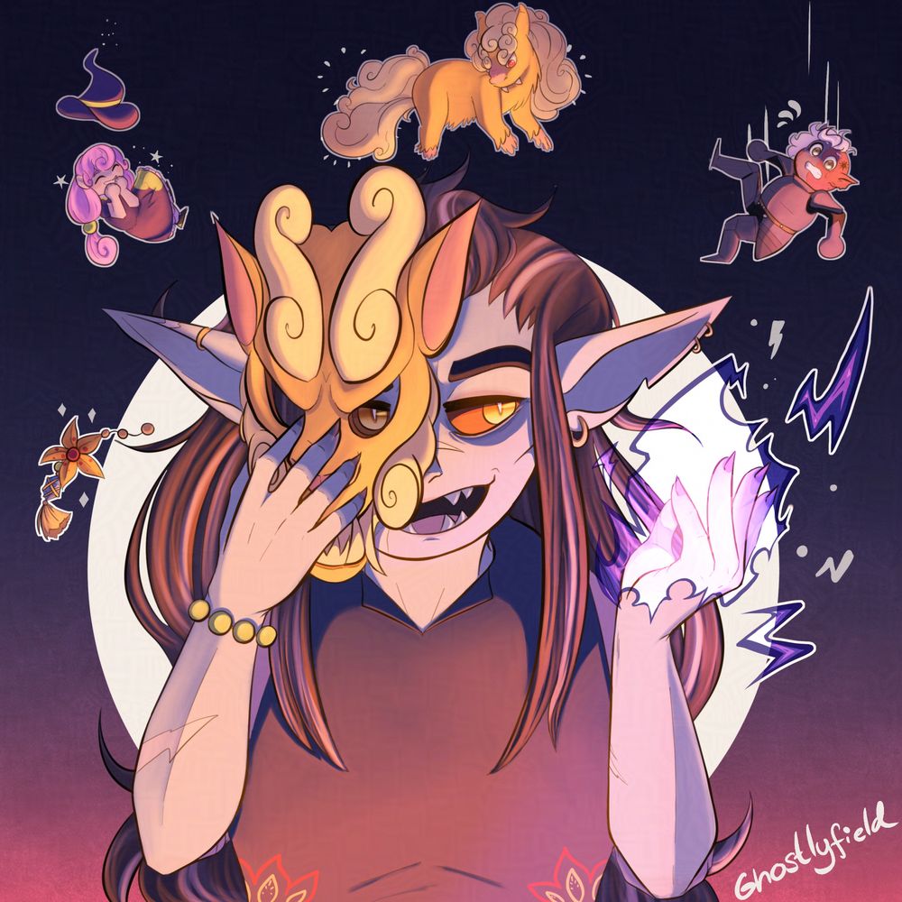 A goblin named Mongrel holding up her mask of her patron as she is looking to her left, casting eldritch blast. To her left is a charm given by Winna, the chibi Halfling girl that is drifting over her head. A miniature version of her patron is above her, while her other party member, Quill the half-drow, is falling. This character belongs to Beach-Goblin on Artfight.