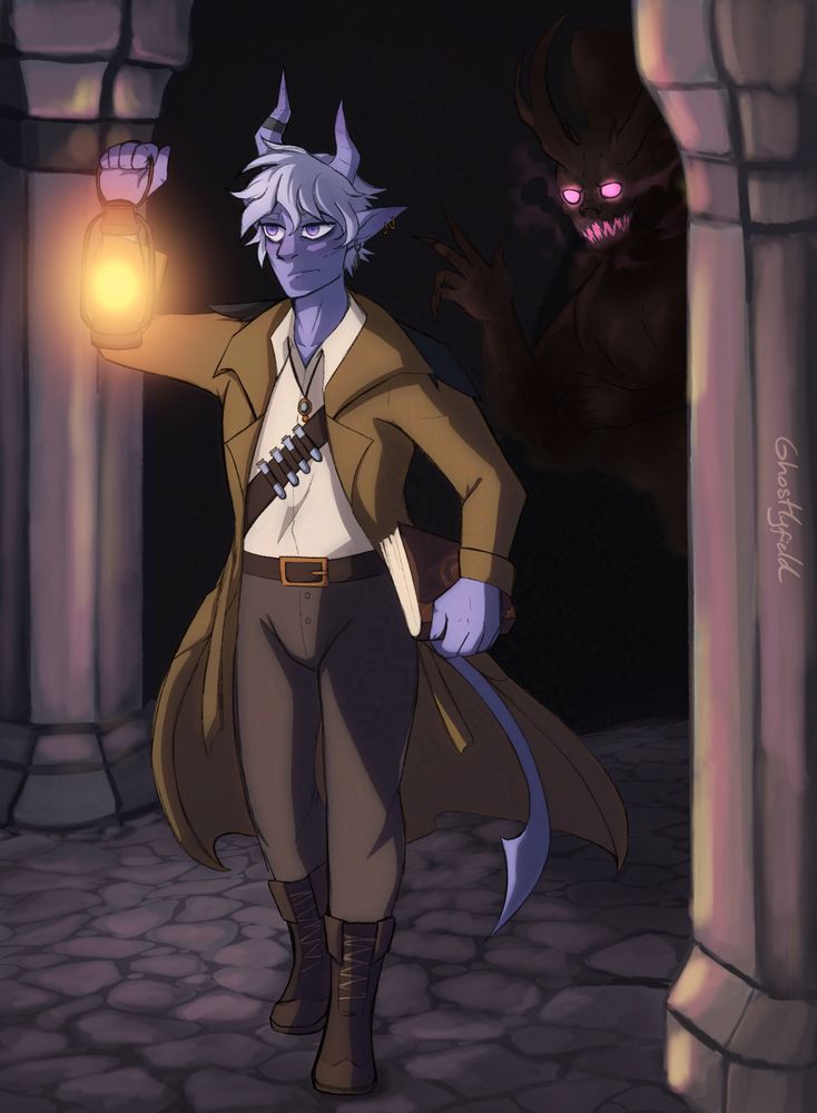 A tiefling man named Gabriel holding a lantern and a notebook as he is walking through a dark temple. A shadow demon is right behind Gabriel, reaching out. The character belongs to Spigo.