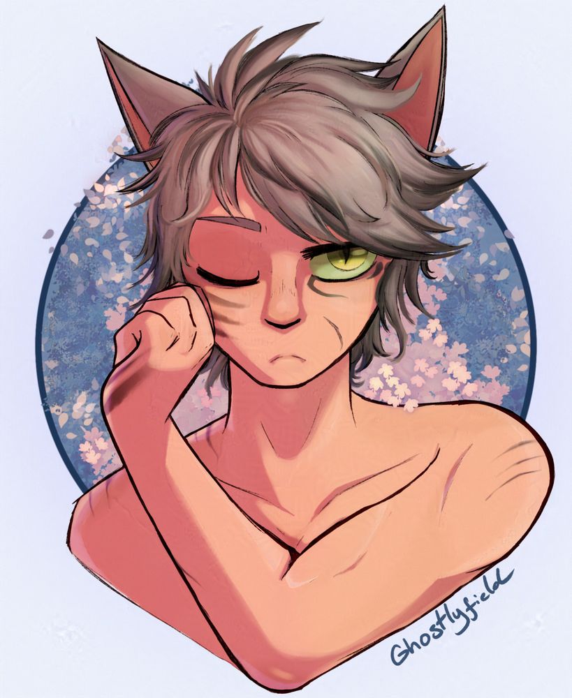 A Miqo'te trans guy named Miles in his younger years wiping away his old clan markings, as the three stripes around the cheek area are typically for feminine Sun Seeker Miqo'te. His left side of the face has already the newer, masculine clan markings. He looks determined towards the viewer.