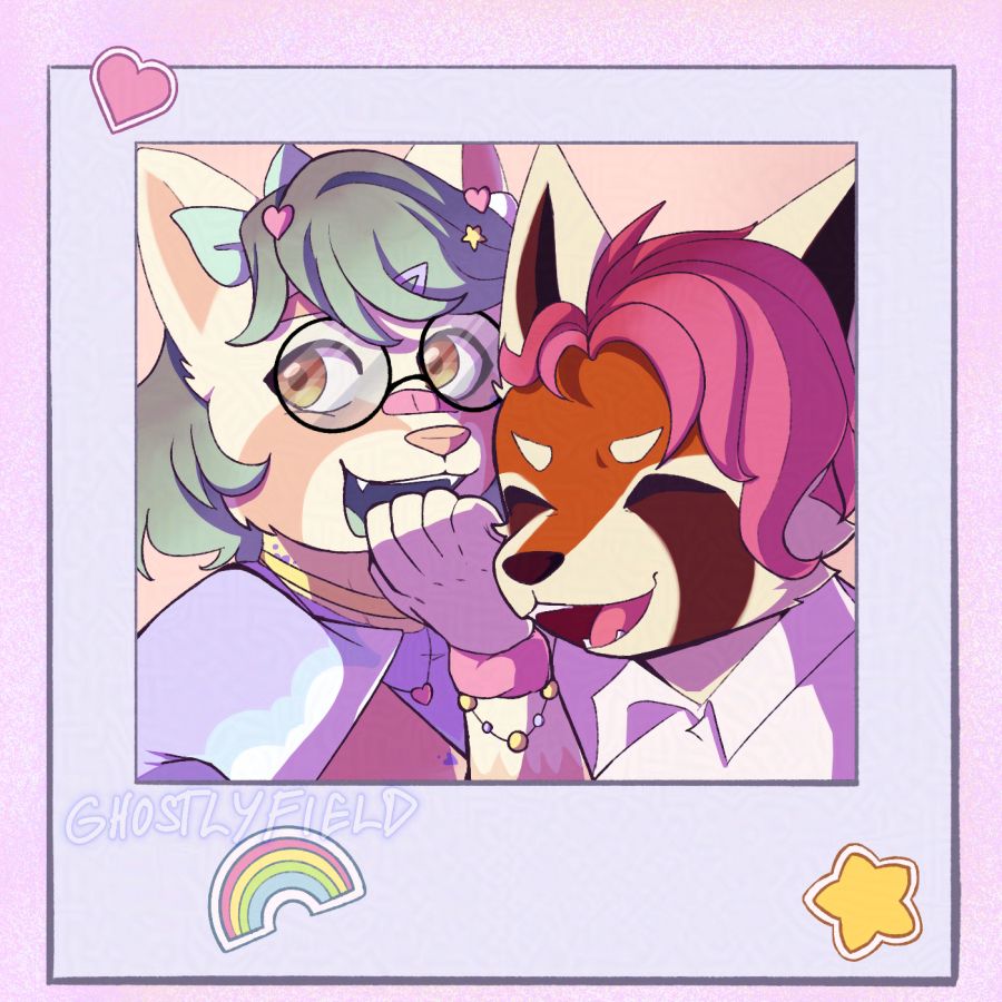 Two furries taking a picture together in a photo booth. Ceru, the pink one to the left, is laughing as she is looking out to the side. Tenné, the red panda, is joining her in the laughter.