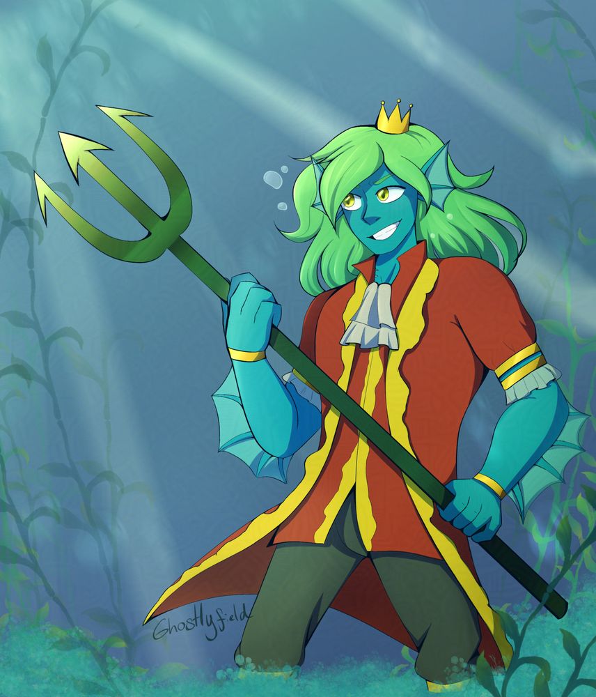 A triton man wielding a trident in anticipation as he is in the sea. This character's name is Marius who belongs to notthekindyousave on Artfight.