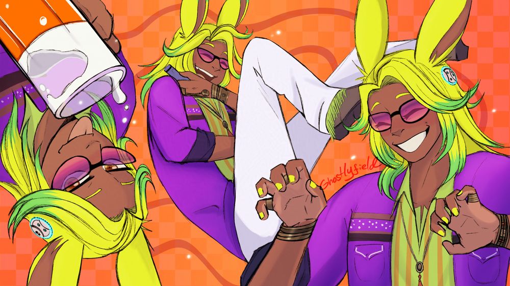 Three drawings of the character Dancing Green from Final Fantasy XIV. On the top left, he is upside down, drinking booze and sticking his tongue out. In the middle and furthest back, he is laughing, holding a bottle and kicking his feet up. On the right, he is grinning while having his hands up like 'claws'. This is a reference to syudou's song Hebereke Junkie.
