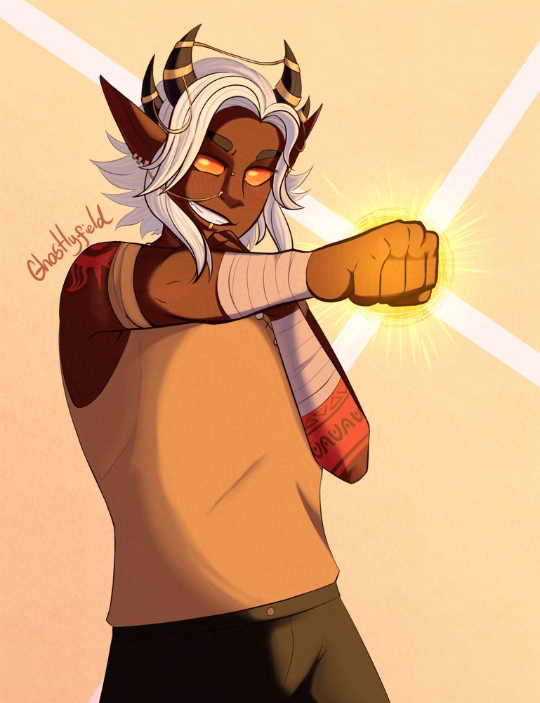 A tiefling named Castor punching outward, as his fist emits a light like a sun. The character belongs to TheCouchMimic on Artfight.