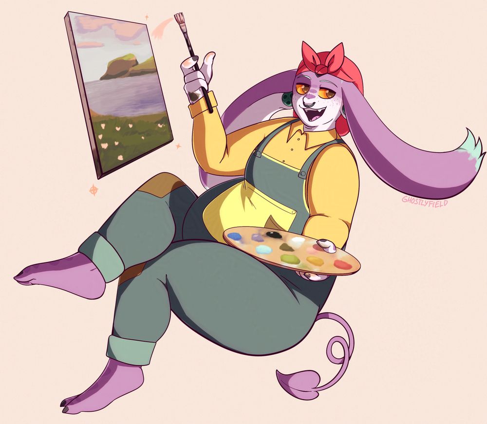 A floating demon named "Peach" holding a palette and a brush, working on a landscape painting.