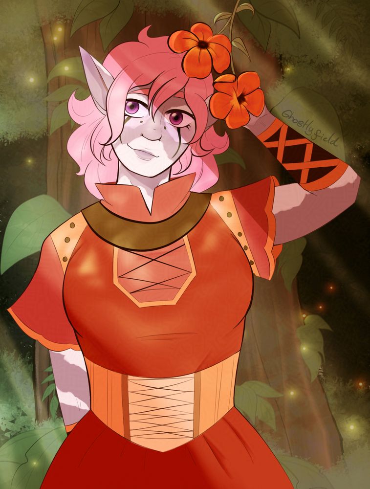 An elf girl named Owena in the forest, with a large tree behind her. She is surrounded by leaves and fauna, with a large flower coming from above which she is brushing away. The character belongs to beccadoodles on Artfight.