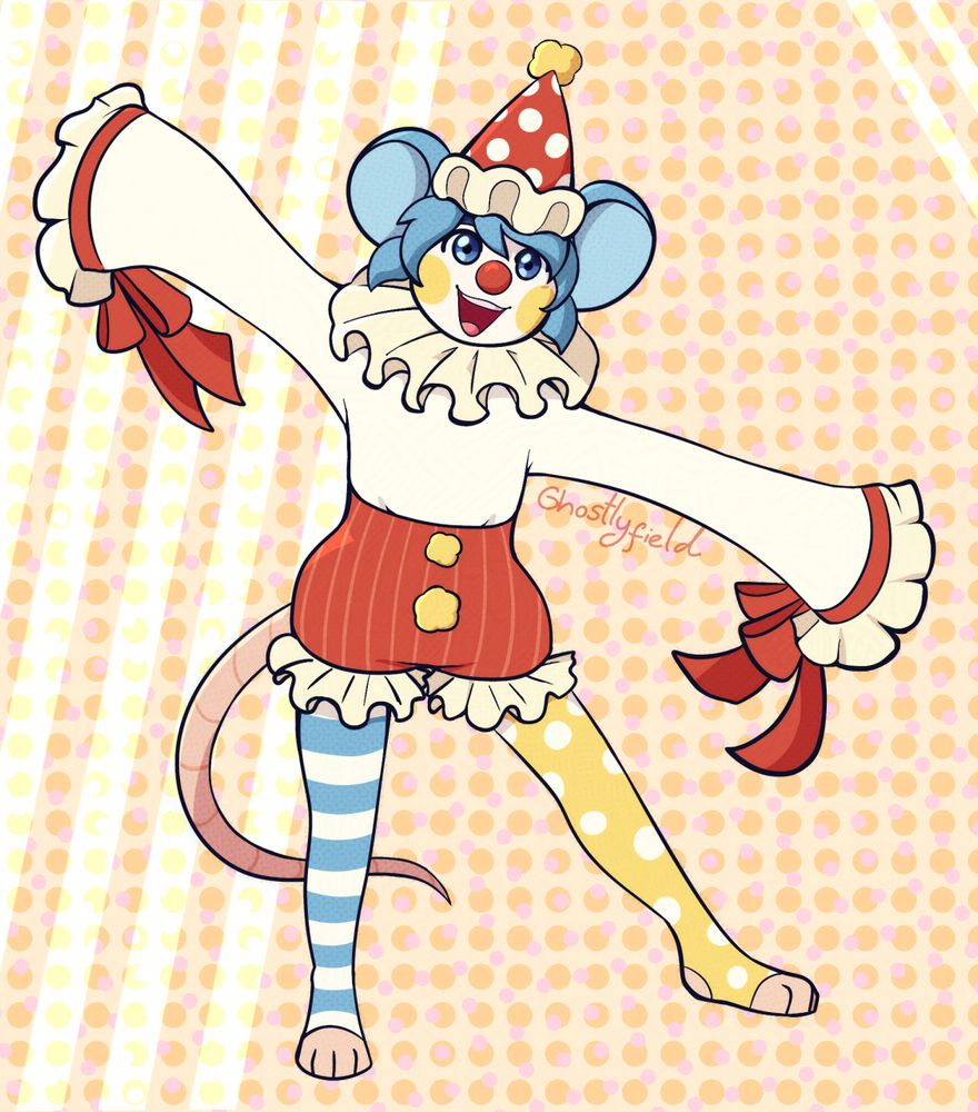 A clown mouse named Yoyo looking happy towards the viewer with her limbs outstretched as if she is about to perform a trick. This character belongs to cheeriko.