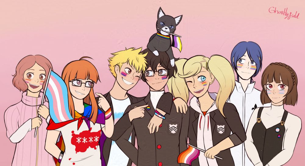 A group picture of the Phantom Thieves with pride flags and makeup. From left to right is: Haru holding a trans flag with lesbian flag on her cheeks, cheering. Futaba is grinning while having lesbian and asexual armbands with a rainbow flag cape. Ryuji has his arms around the Persona 5 protagonist, with a trans and bisexual wristband. The protagonist is looking at Ryuji, with a bisexual flag on his cheek and a rainbow pin. Morgana is sitting on the protagonist's head, holding the non-binary flag in his mouth and wearing a rainbow collar. Ann is leaning against the protagonist holding a lesbian flag. Yusuke is looking at his friends with rainbow flags on his cheeks, and Makoto is looking towards the viewer wearing a trans and bisexual button.