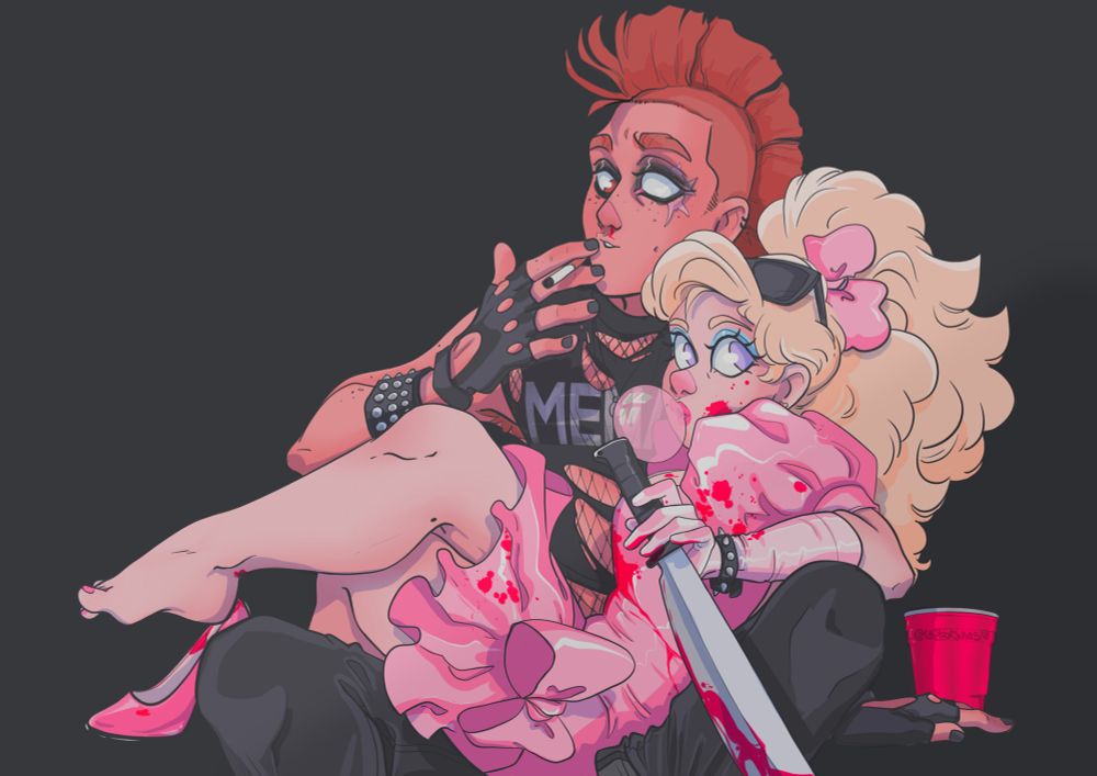 Two characters, Sully and Carrie. Carrie is sitting across sullys lap in a pink 80's ruffley party dress with a big bow, blond hair in an updo help back with a bow and sunglasses and blowing a bubble while holding a machete and being strategically spattered with blood. sully is smoking, but pausing, his hand halfway to his mouth and looking at Carrie with a little half smile. hes wearing eyeshadow and has his mohawk done up, a black ripped menace tee with fishnets under it and driving gloves.
 