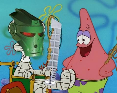 a screenshot of the hit children's cartoon , spongebob squarepants.
squidward is in a full body cast and seated in a wheelchair. his face is replaced with the mask of toa matau from the legendary lego theme bionicle.
one of toa matau's swords is penetrating squidward's palm
next to him, patrick star is chiding him