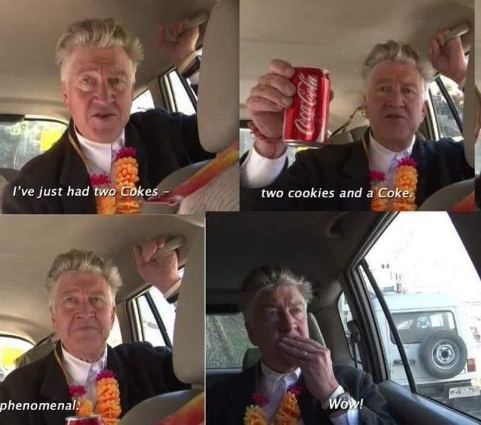 late legendary filmmaker david lynch exclaiming his excitement for a lunch consisting of two cookies and a can of coca cola 