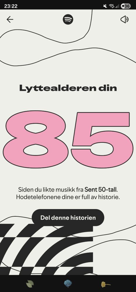 Skjermbilde fra spotify wrapped hvor det står at lyttealderen din er 85 år. 