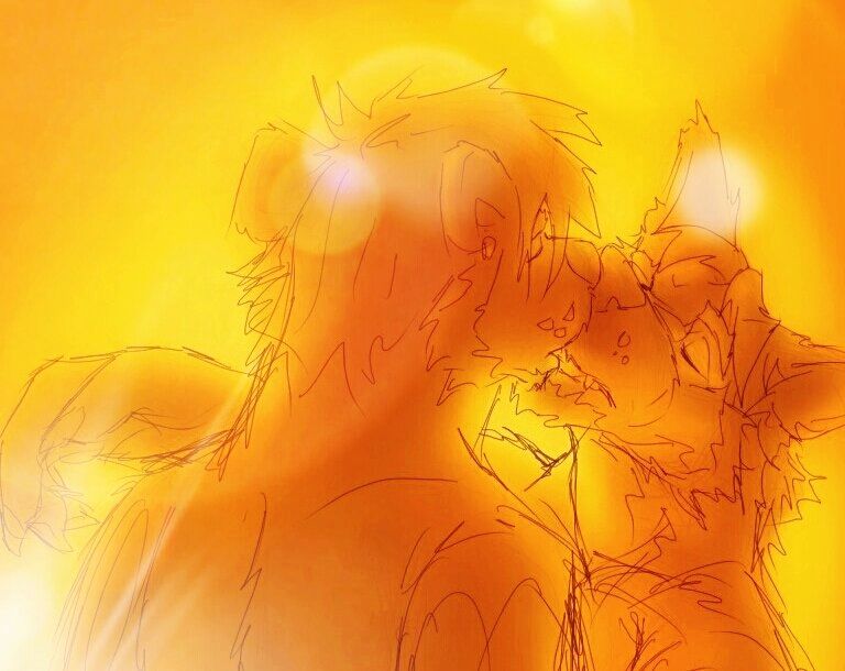An anthro male otter is leaning in to kiss an anthro male wolf, the view is from over the otters shoulder and the wolfs eyes are closed. The light looks like a sunset, all golds and orange, and the kiss looks sweet and sad. Perhaps it is a last kiss