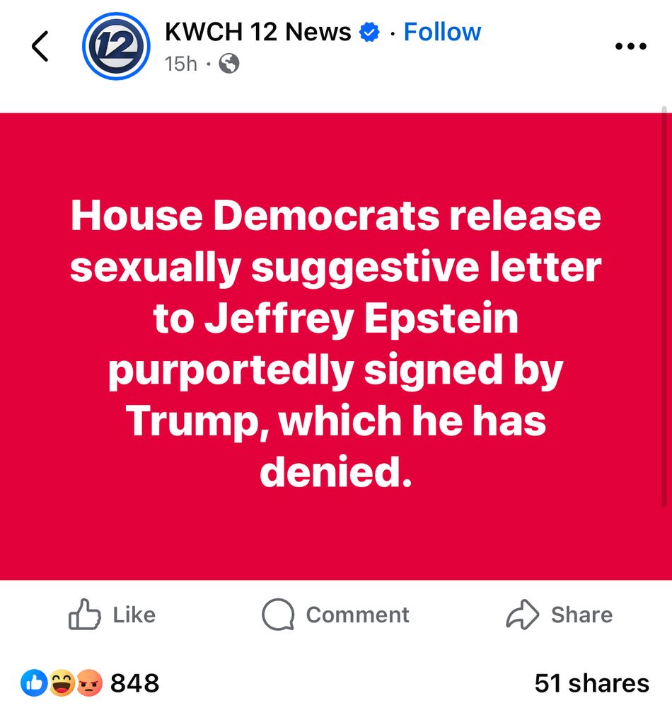 Facebook headline from KWCH 12 news; House Democrats release sexually suggestive letter to Jeffrey Epstein purportedly signed by Trump, which he has denied. 
