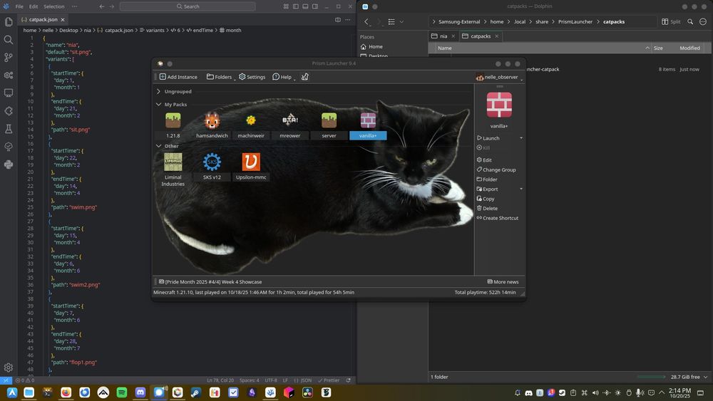 a screenshot of my desktop, with prismlauncher open with an angry nia as the background image