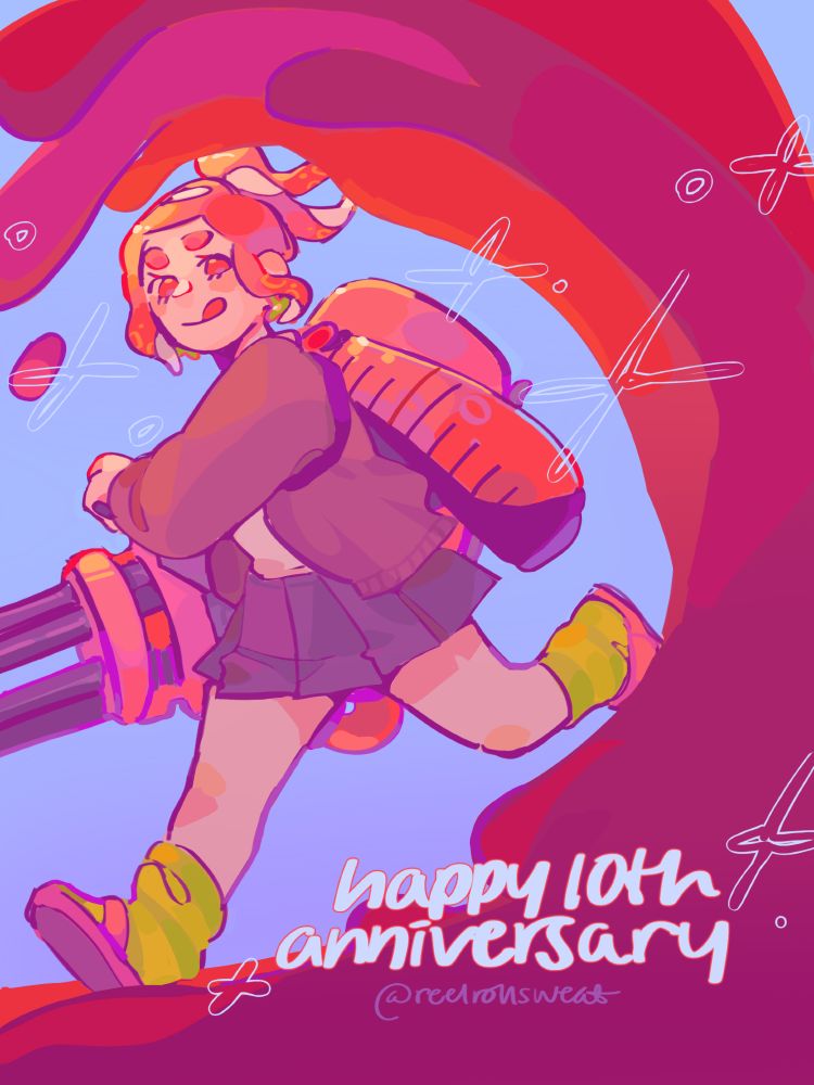 a pink octoling girl with a heavy splatling and a playful expression. there is ink splashing around her