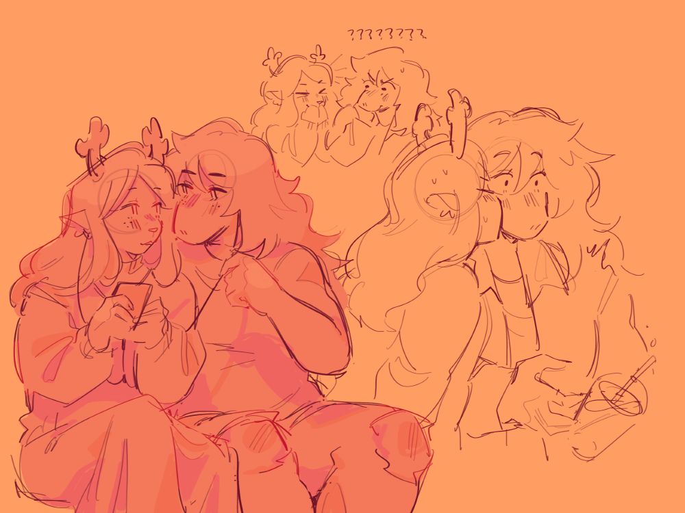 noelle and susie from deltarune sitting close to each other and sharing earbuds. noelle kisses susie on the cheek and she gets flustered