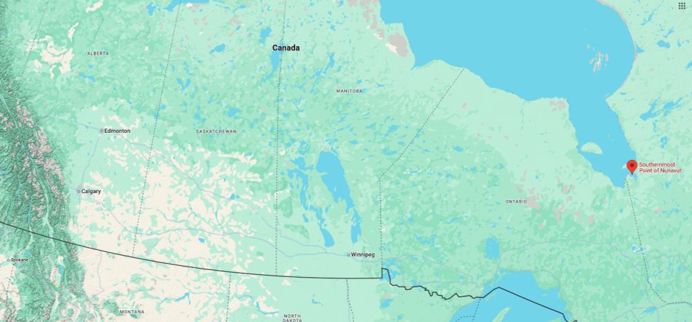 A map of Canada, pointing out the location of Stag Island, the southernmost part of Nunavut. Stag Island is further south than Edmonton, AB, and nearly as far south as Calgary, AB.