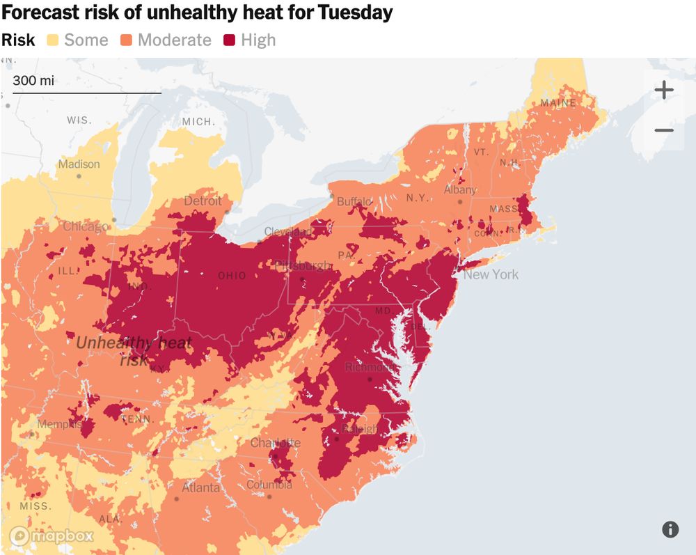 A map of the Northeast USA showing the forecast risk of unhealthy heat for Tuesday, June 24. High risk extends from NYC to Raleigh to Indiana.