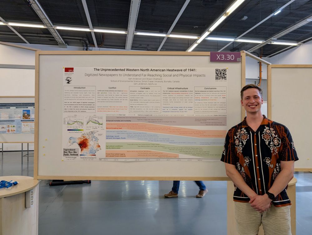 A photo of myself and my research poster, titled "The Unprecedented Western North American Heatwave of 1941: Digitized Newspapers to Understand Far-Reaching Social and Physical Impacts".